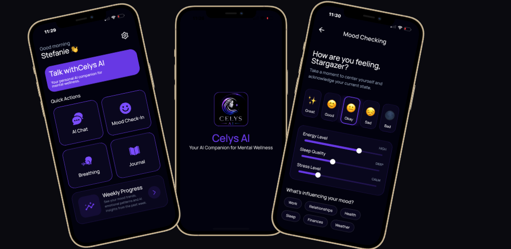 celysai app screens showing the home dashboard, splash screen, and quick actions